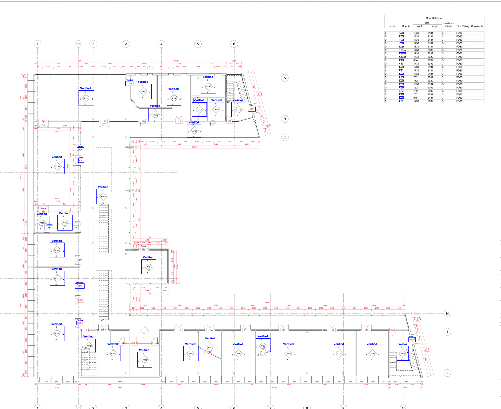 Sample marked-up floor plan with verified door findings and a door schedule